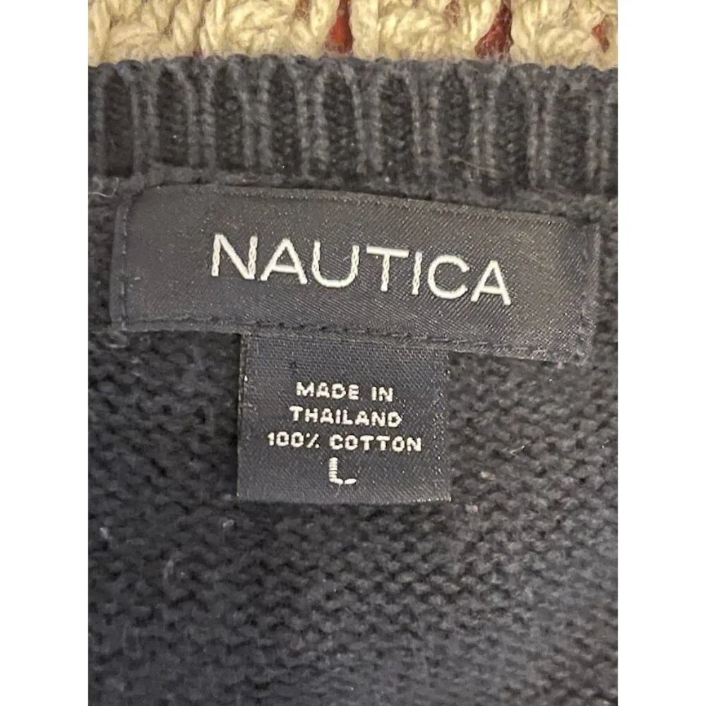 Nautica Mens Argyle Sweater L Black Blue Gray 100% Cotton Classic Knit Long Slee